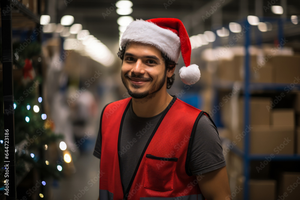 Happy warehouse worker in Santa hat: online shopping and fast Christmas delivery. Male warehouse worker.  - obrazy, fototapety, plakaty 