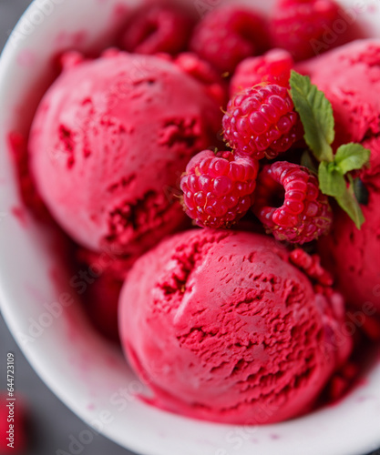 Raspberry ice cream in white bowl close up