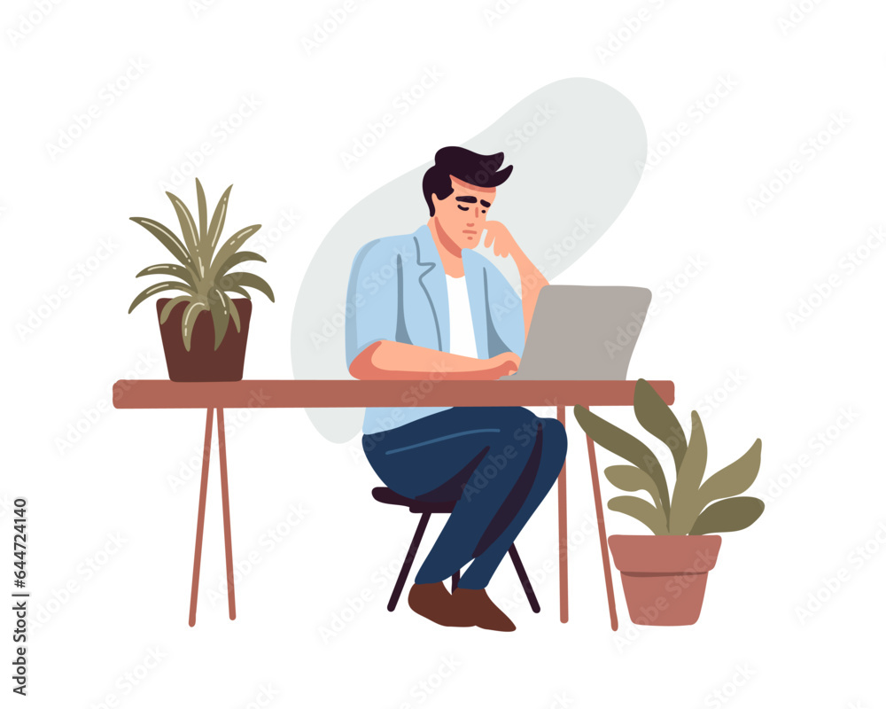 Tired male office worker sitting at the table, freelancer or student, vector illustration