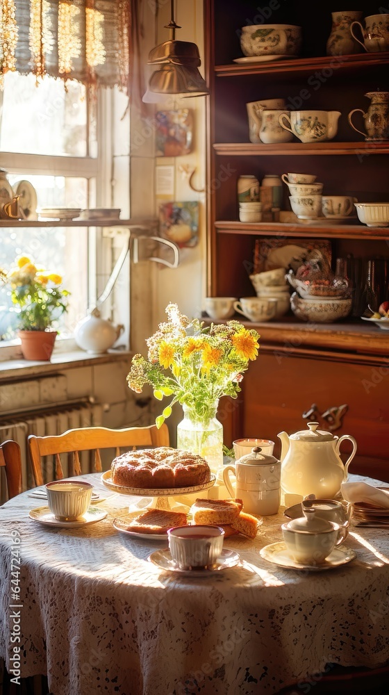 Rustic Elegance: Vintage Teapots and Fresh Pastries in a Cozy Country Kitchen. Generative AI 9