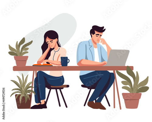 Two tired office workers sitting at the table, vector illustration