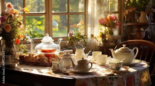 Rustic Elegance: Vintage Teapots and Fresh Pastries in a Cozy Country Kitchen. Generative AI 2