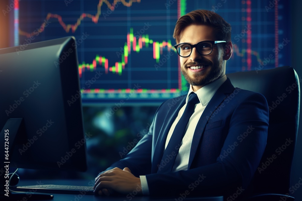 Fototapeta premium Portrait of a handsome young businessman in suit and glasses sitting at the table with crossed arms and looking at camera. Stock market chart on the background.Generative Ai