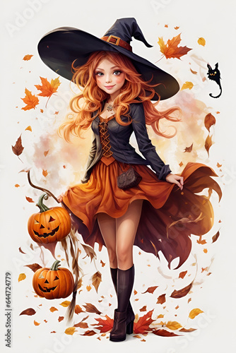 Autumn iconpack of a charming girl as Halloween witch photo