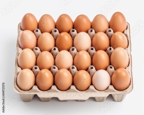 Pack of 24 beige eggs cardboard box with white isolated front view background