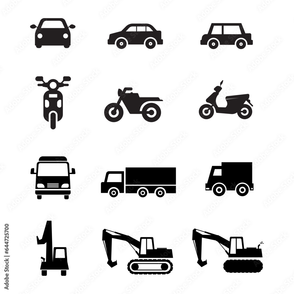 Set icons motorcycle, car, heavy vehicle, excavator. Set icons motorcycle, car, heavy vehicle, excavator.