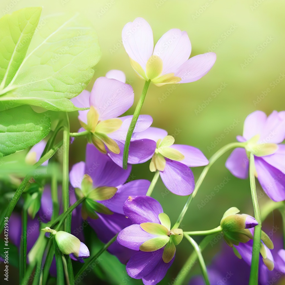 Purple flowers, green leaves and stems,spring sunshine