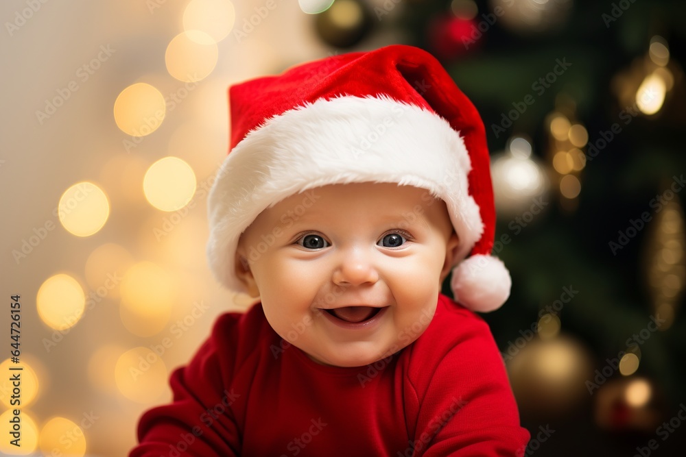 asian smiling baby at christmas wearing a red santa claus hat, christmas tree bokeh lights at the background, child kid on new year night asian smiling baby at christmas wearing a red santa claus hat, christmas tree bokeh lights at the background, child kid on new year night