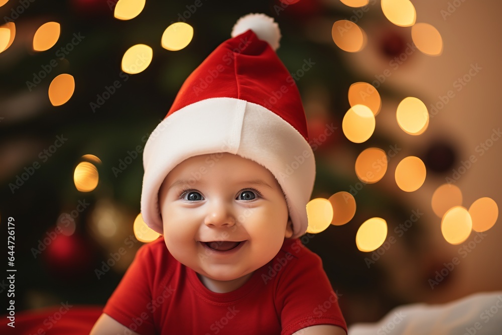 asian smiling baby at christmas wearing a red santa claus hat, christmas tree bokeh lights at the background, child kid on new year night asian smiling baby at christmas wearing a red santa claus hat, christmas tree bokeh lights at the background, child kid on new year night