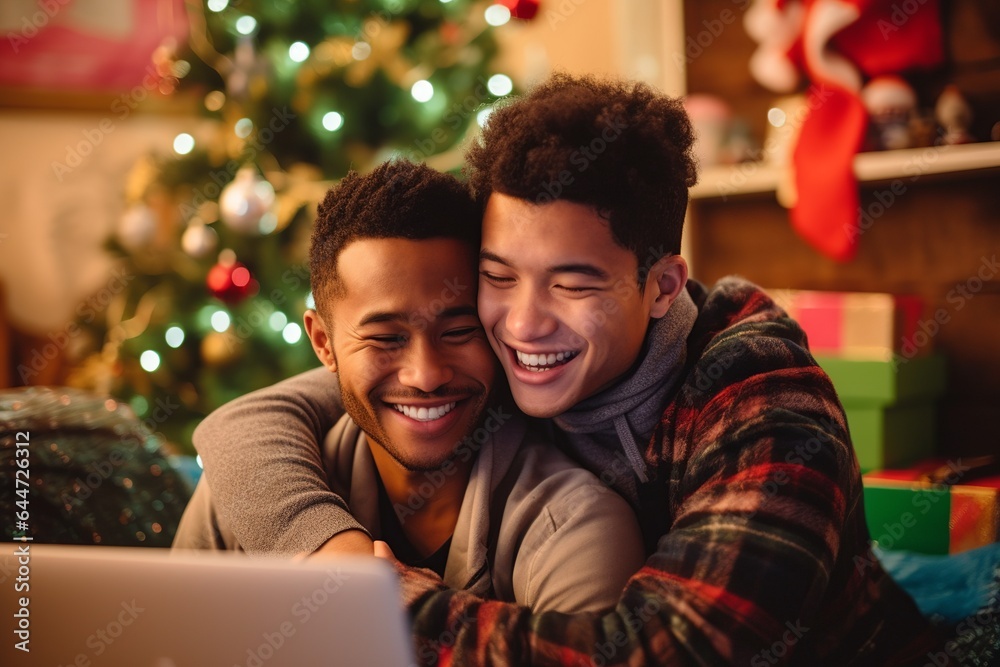 happy young gay couple at christmas making a family video call on a laptop, lgbt or lgbtq asian marriage having a good time at new year celebrations - obrazy, fototapety, plakaty 