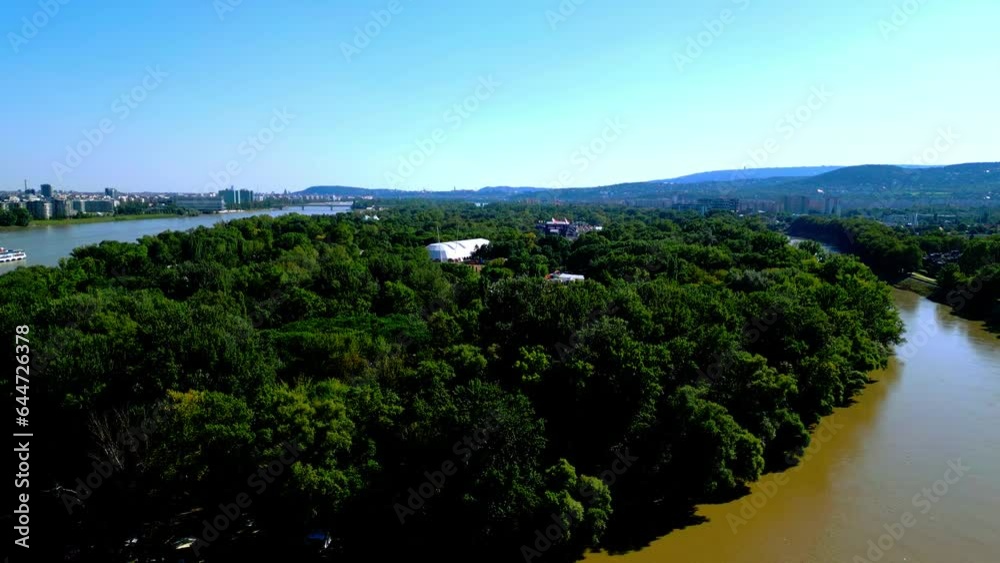 Óbuda Island During Sziget Festival In Budapest,Hungary - aerial shot