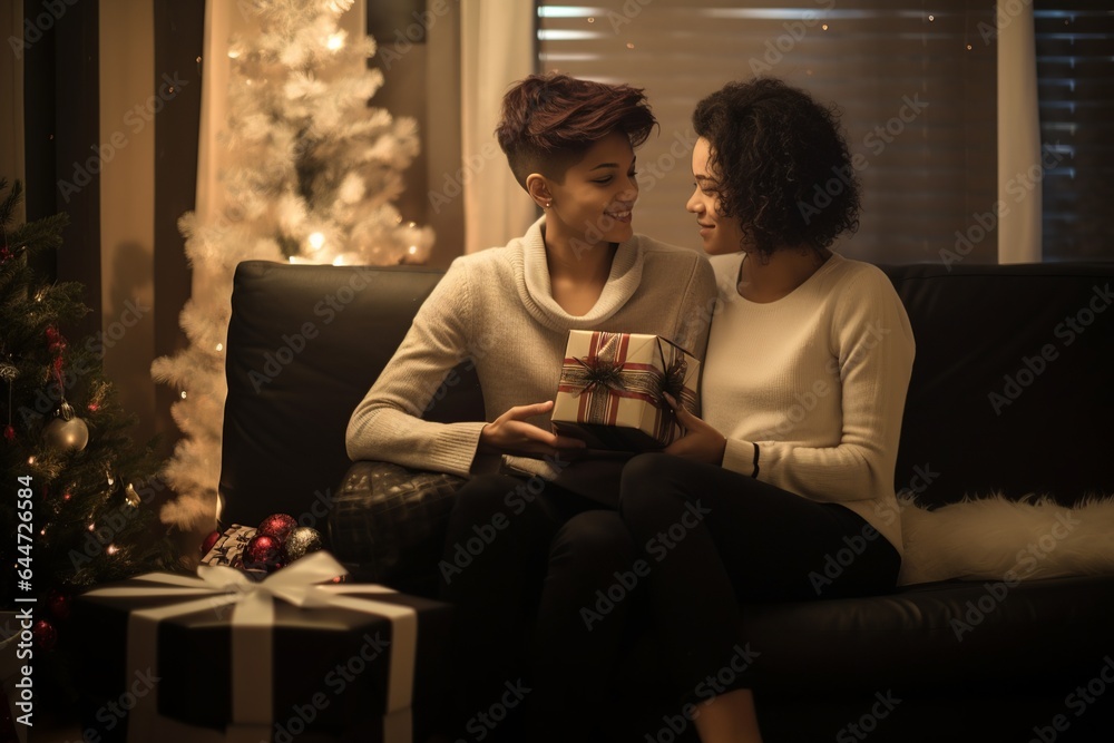 lesbian couple giving gifts and presents to each other, female gay lgbt homosexual african american marriage or black girlfriends having a good time indoors on christmas eve or new year night lesbian couple giving gifts and presents to each other, female gay lgbt homosexual african american marriage or black girlfriends having a good time indoors on christmas eve or new year night