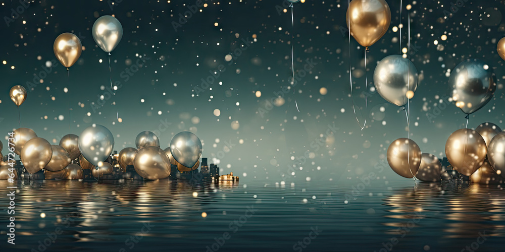 Background with green and golden balloons, happy new year greeting card invitation Background with green and golden balloons, happy new year greeting card invitation