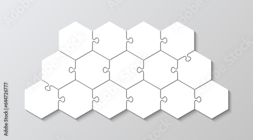 Business presentation for infographics. Hexagon business presentation infographic. Jigsaw puzzle info graphic with 15 pieces, steps, parts of process diagram. Puzzle hexagonal grid. Vector