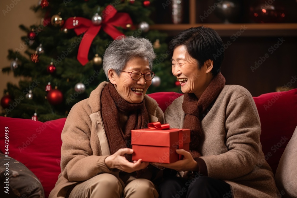 old lesbian middle aged couple giving gifts and presents to each other, female gay lgbt homosexual asian marriage or girlfriends having a good time on christmas eve or new year night old lesbian middle aged couple giving gifts and presents to each other, female gay lgbt homosexual asian marriage or girlfriends having a good time on christmas eve or new year night