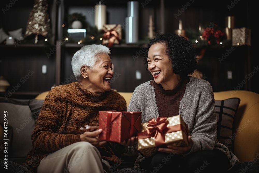 old lesbian middle aged couple giving gifts and presents to each other, female gay lgbt homosexual asian marriage or girlfriends having a good time on christmas eve or new year night old lesbian middle aged couple giving gifts and presents to each other, female gay lgbt homosexual asian marriage or girlfriends having a good time on christmas eve or new year night