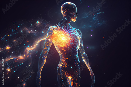 illustration of human body permeated with bright threads of luminescence . #644726987