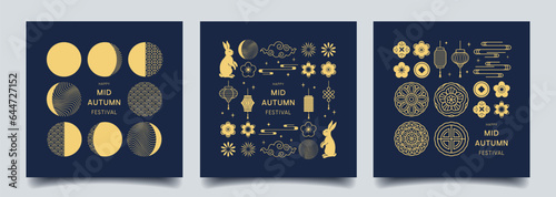 Happy Mid Autumn Festival. Set of banner with traditional chinese patterns, rabbits, flowers, lanterns, moon. Trendy modern design. Vector template for invitation, social media post, poster.
