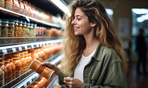 Analyzing Nutrition: Woman's Careful Selection in Supermarket