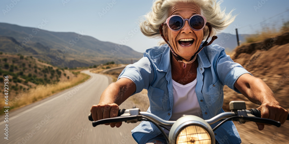 Summer in Italy: Spirited Senior Woman Cruises on Trendy Blue Scooter