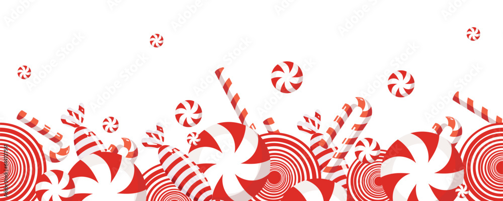 The border is a sweet Christmas candy. Lollipop on a stick. Festive sweetness. Caramel candies. Sweet New Year's dessert.