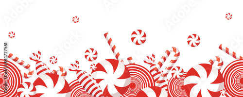 The border is a sweet Christmas candy. Lollipop on a stick. Festive sweetness. Caramel candies. Sweet New Year's dessert.