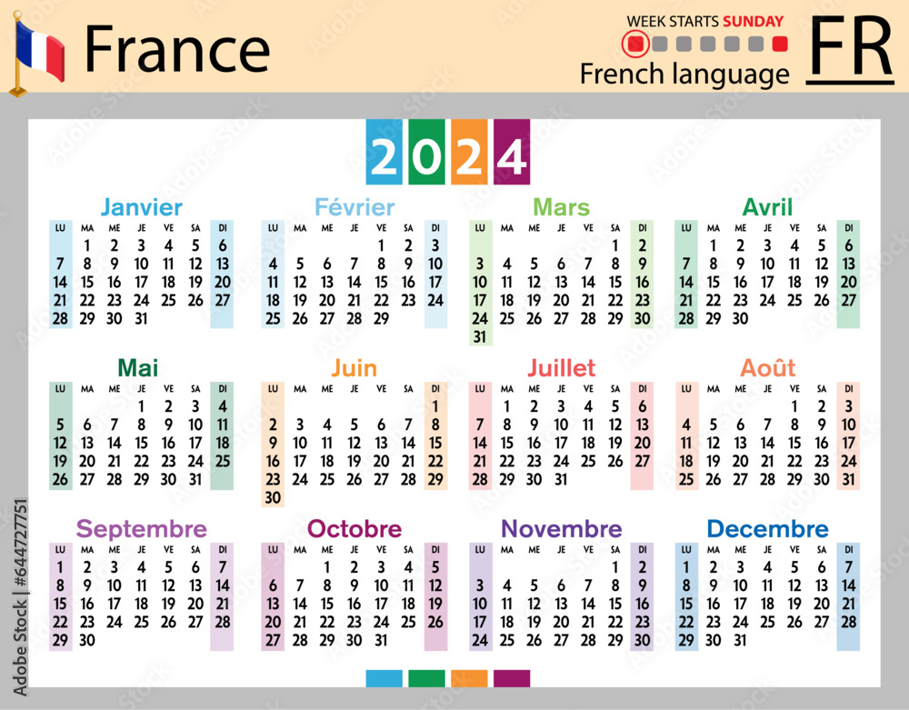 French horizontal pocket calendar for 2024. Week starts Sunday