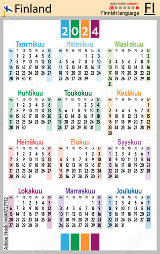 Finnish vertical pocket calendar for 2024. Week starts Sunday