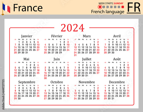 French horizontal pocket calendar for 2024. Week starts Sunday