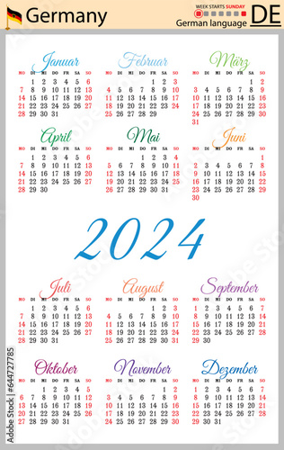 German vertical pocket calendar for 2024. Week starts Sunday