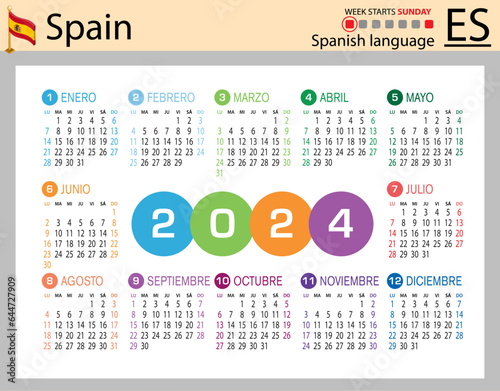 Spanish horizontal pocket calendar for 2024. Week starts Sunday
