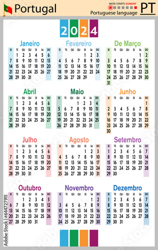 Portuguese vertical pocket calendar for 2024. Week starts Sunday