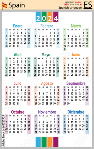 Spanish vertical pocket calendar for 2024. Week starts Sunday