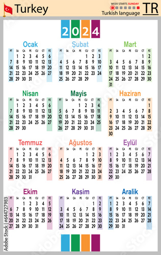 Turkish vertical pocket calendar for 2024. Week starts Sunday