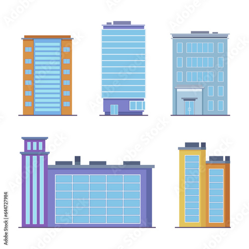 Modern office buildings and plants vector illustrations set. Skyscrapers, towers and apartment buildings for working in business district. Architecture, cityscape, construction concept