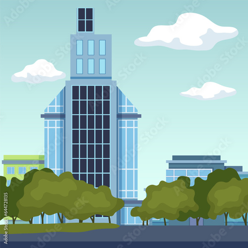Modern business district buildings vector illustration. Skyscrapers and office towers with solar panels, park zone with green trees for work and leisure. Architecture, cityscape, construction concept