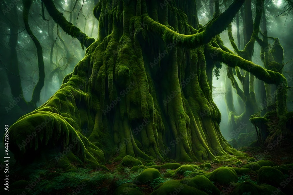 Fototapeta premium A mystical, moss-covered ancient forest with towering trees and ethereal ambiance. 