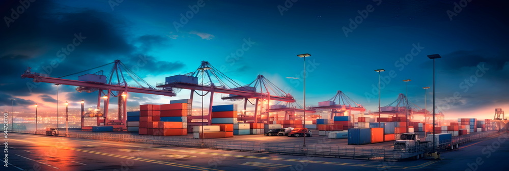 Obraz premium cargo warehouse illuminated by the glow of city lights, representing the constant activity and round-the-clock nature of global trade.