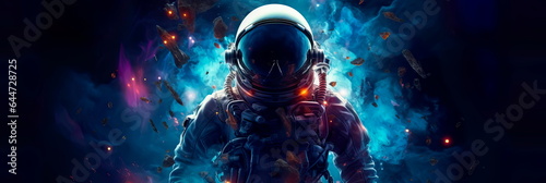 Deep space image, science fiction fantasy . Brave astronaut at the spacewalk.