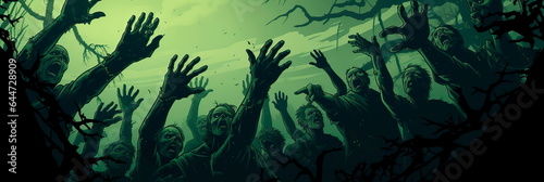 Zombie Apocalypse creepy zombies emerging from graves  hands reaching out for the living.