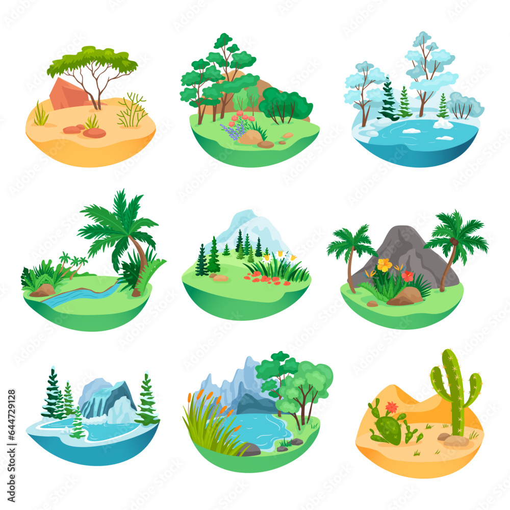 Seasons and climate zones vector illustrations set. Desert tree, summer and winter forest, ponds and frozen lakes, snow mountain or volcano, flower field icons. Nature, travel, wildlife concept