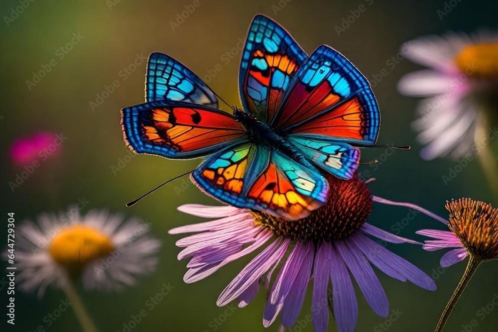 A close-up of a vibrant, iridescent butterfly perched on a wildflower. 