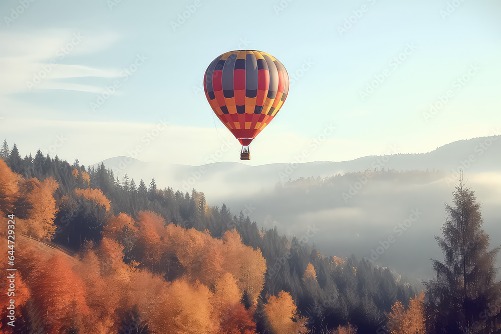 Hot r balloon over autumn forest in sunlight,