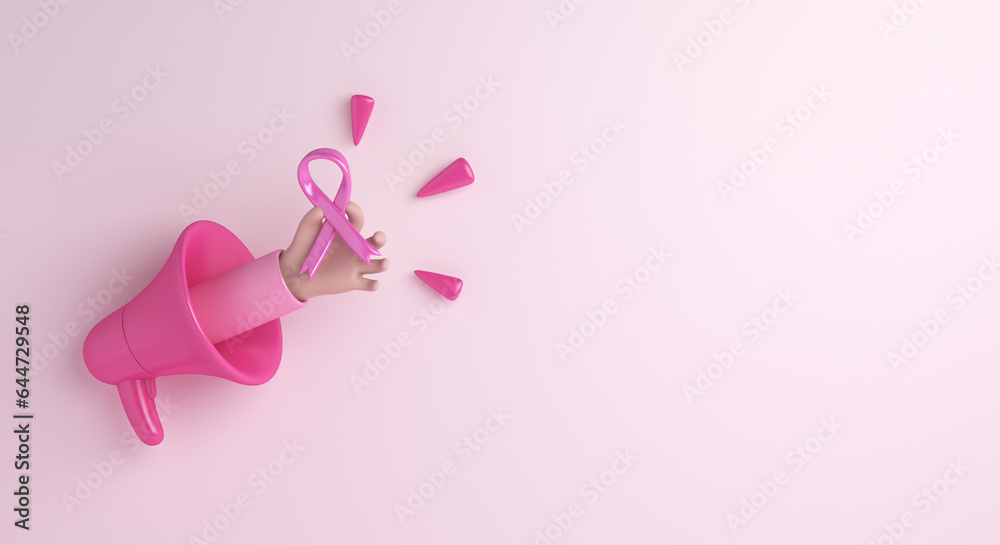 Breast cancer awareness concept with ribbon, hand, megaphone decoration background, copy space text, 3d rendering illustration - obrazy, fototapety, plakaty 
