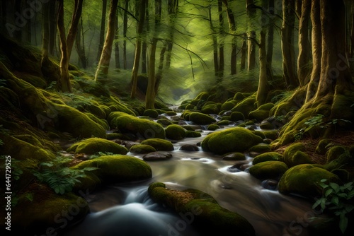 A tranquil woodland stream winding through a dense forest  reflecting the serene natural beauty. 