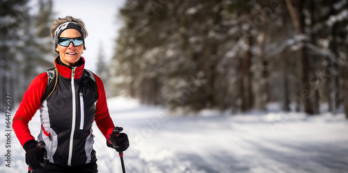 Mature woman cross country skiing on a sunny winter's day. Concept of senior exercise and activities. Shallow field of view with copy space.
