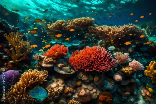 A vibrant, colorful coral reef teeming with marine life, illuminated by dappled sunlight. 