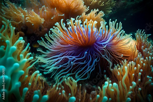 A close-up of a vibrant, multi-colored sea anemone swaying gently in an underwater current. 