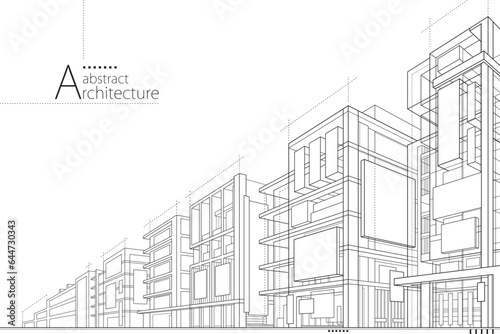 3D illustration, abstract modern urban landscape line drawing, imaginative architecture building construction perspective design. 