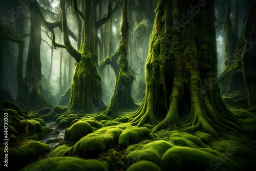 A mystical, moss-covered ancient forest with towering trees and ethereal ambiance. 